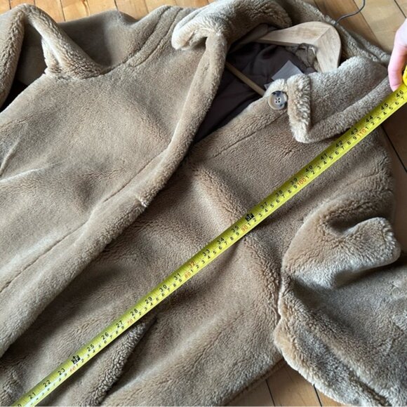 H&M Sz M Tan Brown Long Relaxed Button Front Faux Fur Coat - Picture 13 of 15